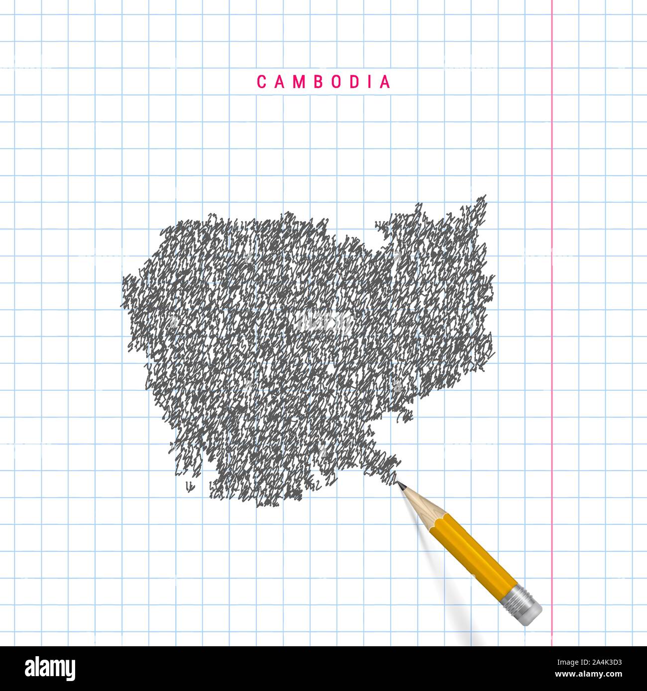 Cambodia sketch scribble map drawn on checkered school notebook paper ...