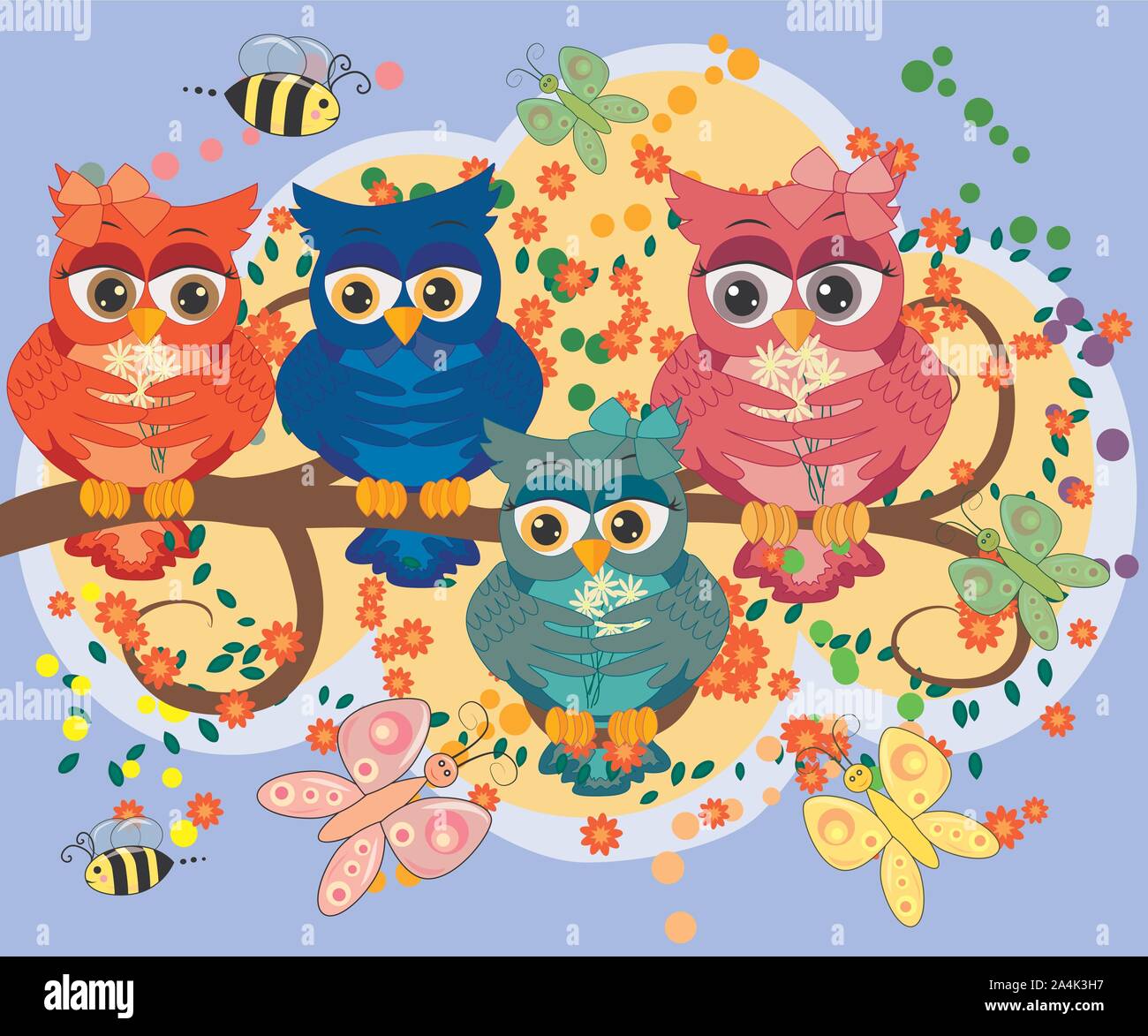 cute colorful cartoon owls sitting on tree branch with flowers ...