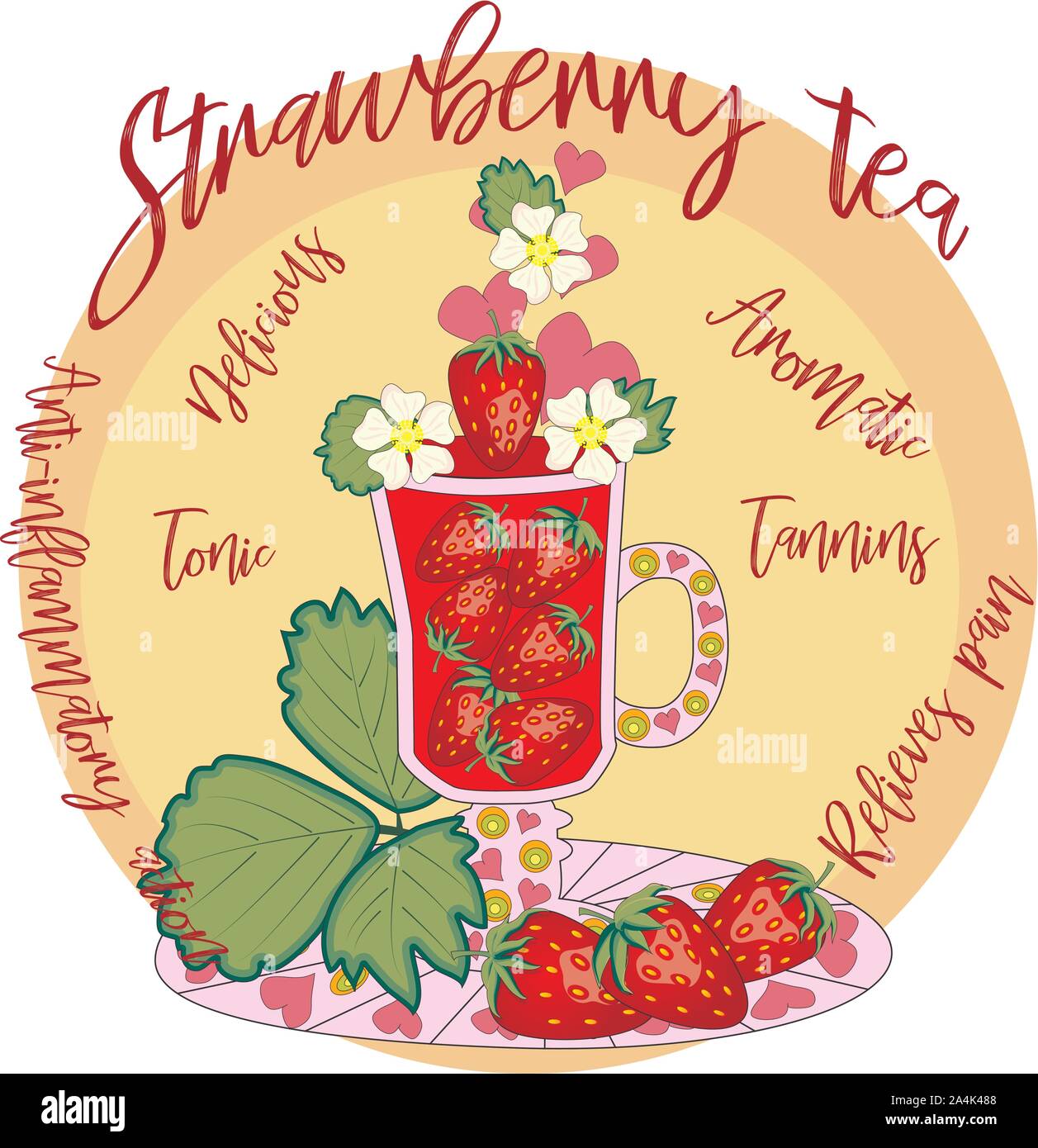 Strawberry tea. Tea cooked with love. A tall glass for mulled wine with strawberry berries, decorated with leaves and flowers, inscriptions about util Stock Vector