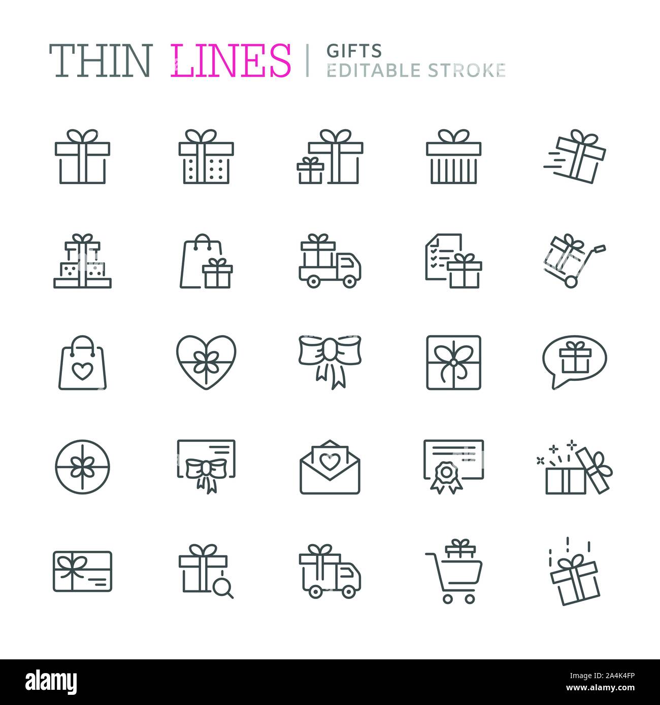 Collection of gifts thin line icons. Editable stroke Stock Vector