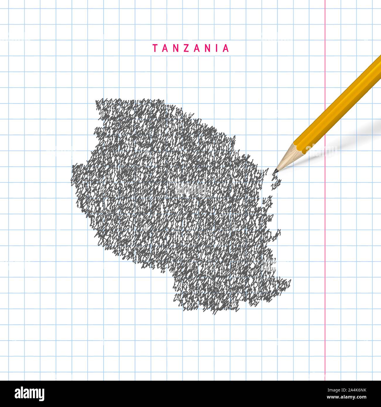 Tanzania sketch scribble map drawn on checkered school notebook paper ...