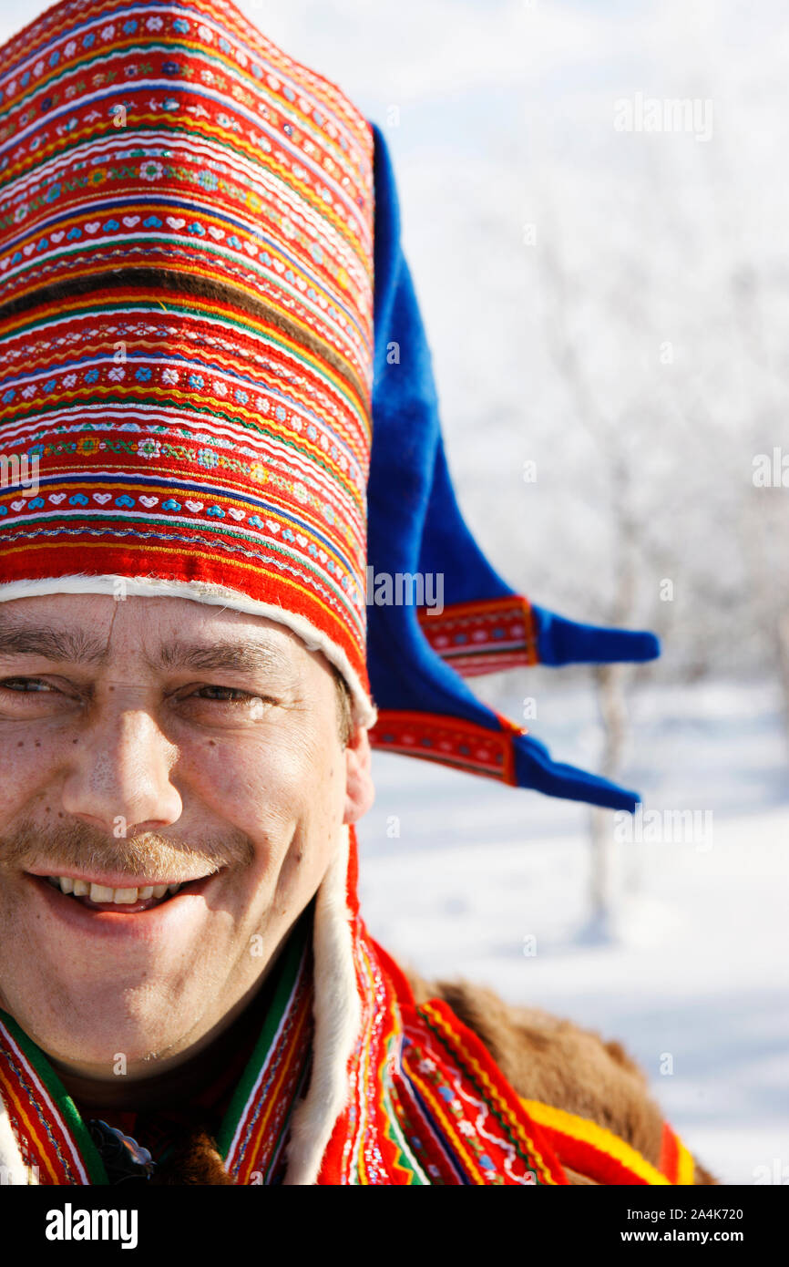 Portrait of Laplander man. Lapp / Lapps / Laplander / Laplanders / Lapplander / Lapplanders / Sami / Same in Kautokeino, Lapland / Lappland Stock Photo