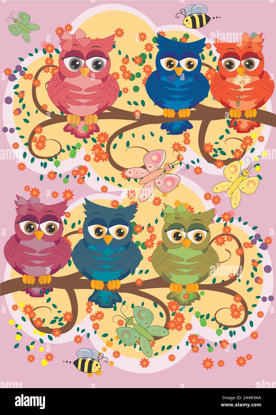 cute colorful cartoon owls sitting on tree branch with flowers Stock ...