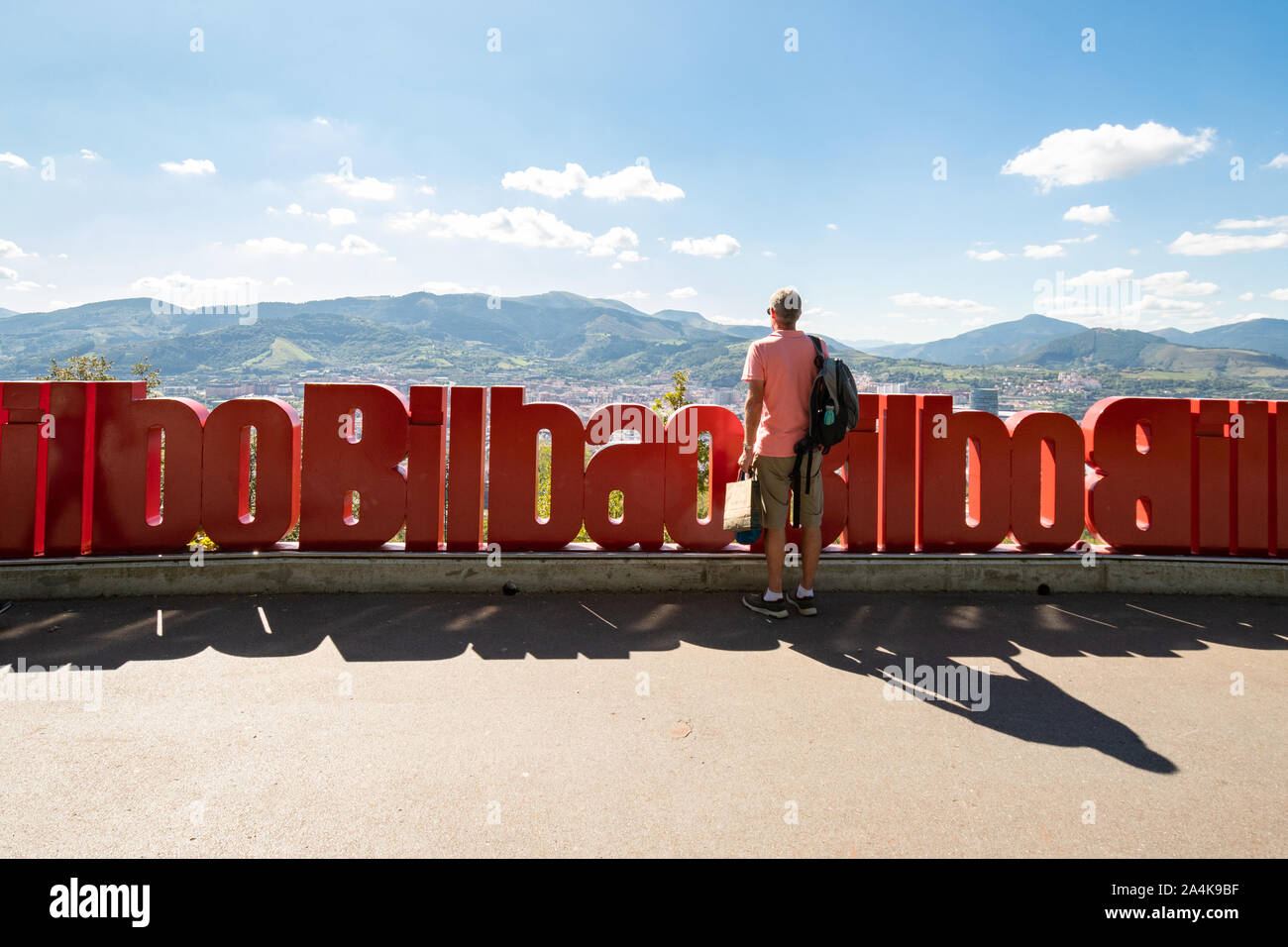 Bilbao viewpoint and tourist sign -  Mount Artxanda, Bilbao, Basque Country, Spain Stock Photo