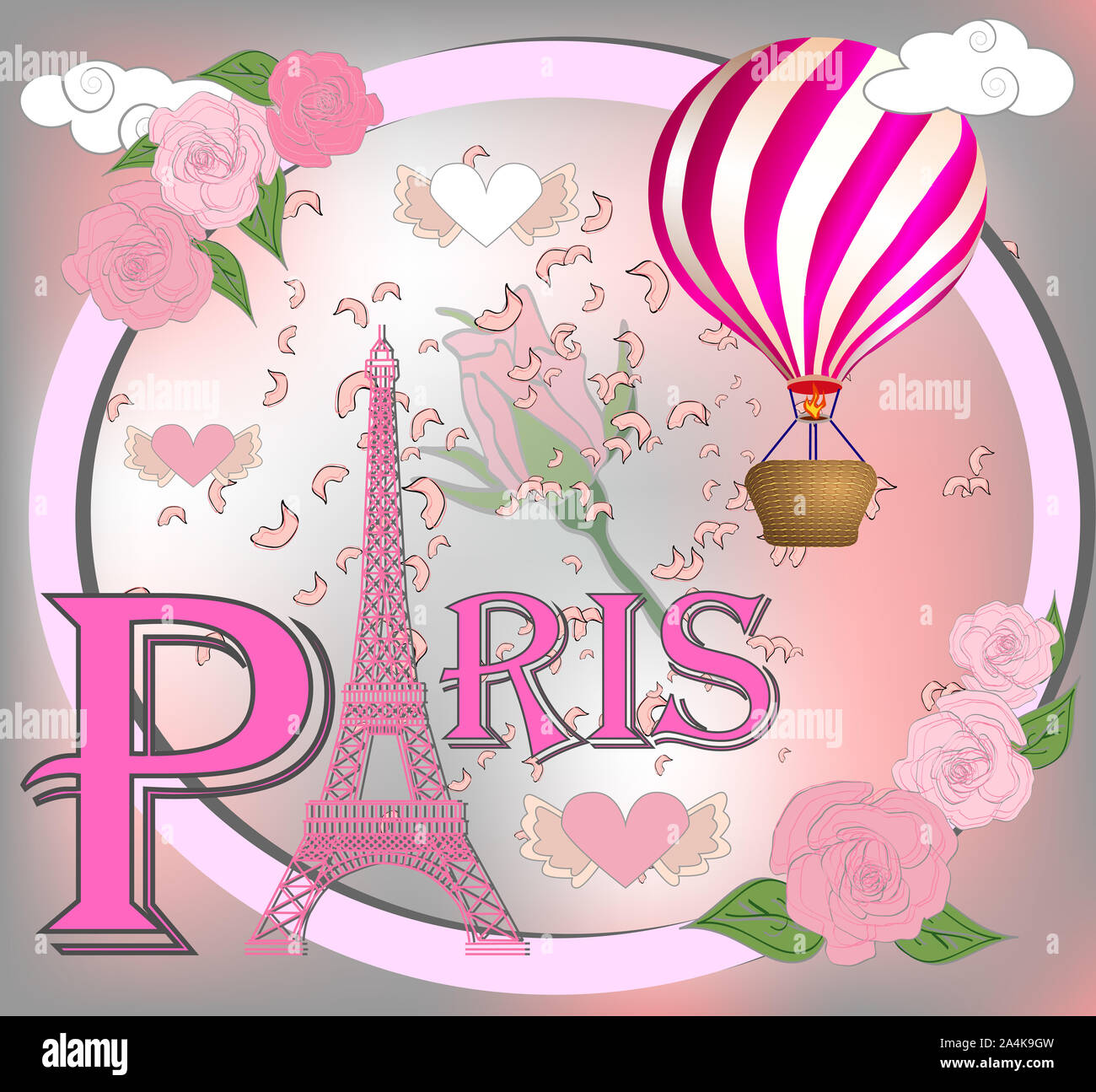 Romantic background with Eiffel Tower and pink roses Stock Photo - Alamy