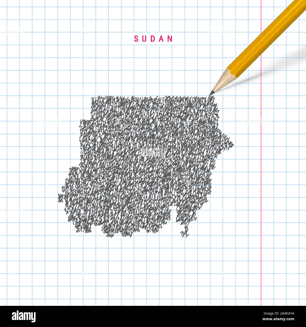 Sudan sketch scribble map drawn on checkered school notebook paper ...