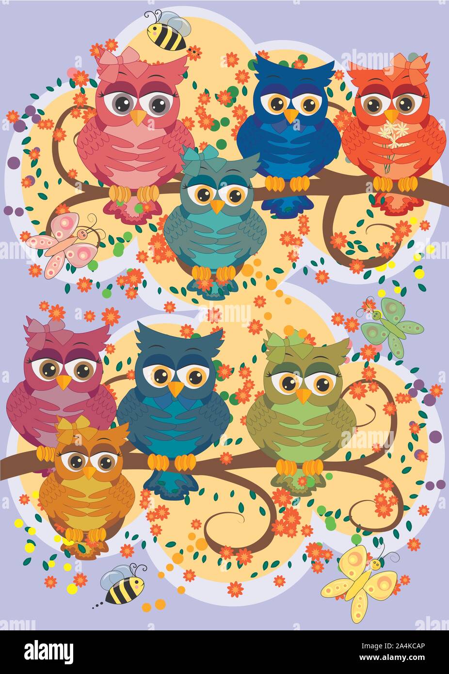 cute colorful cartoon owls sitting on tree branch with flowers ...
