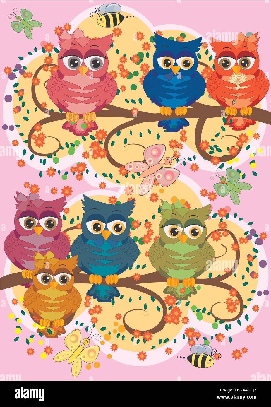 cute colorful cartoon owls sitting on tree branch with flowers ...