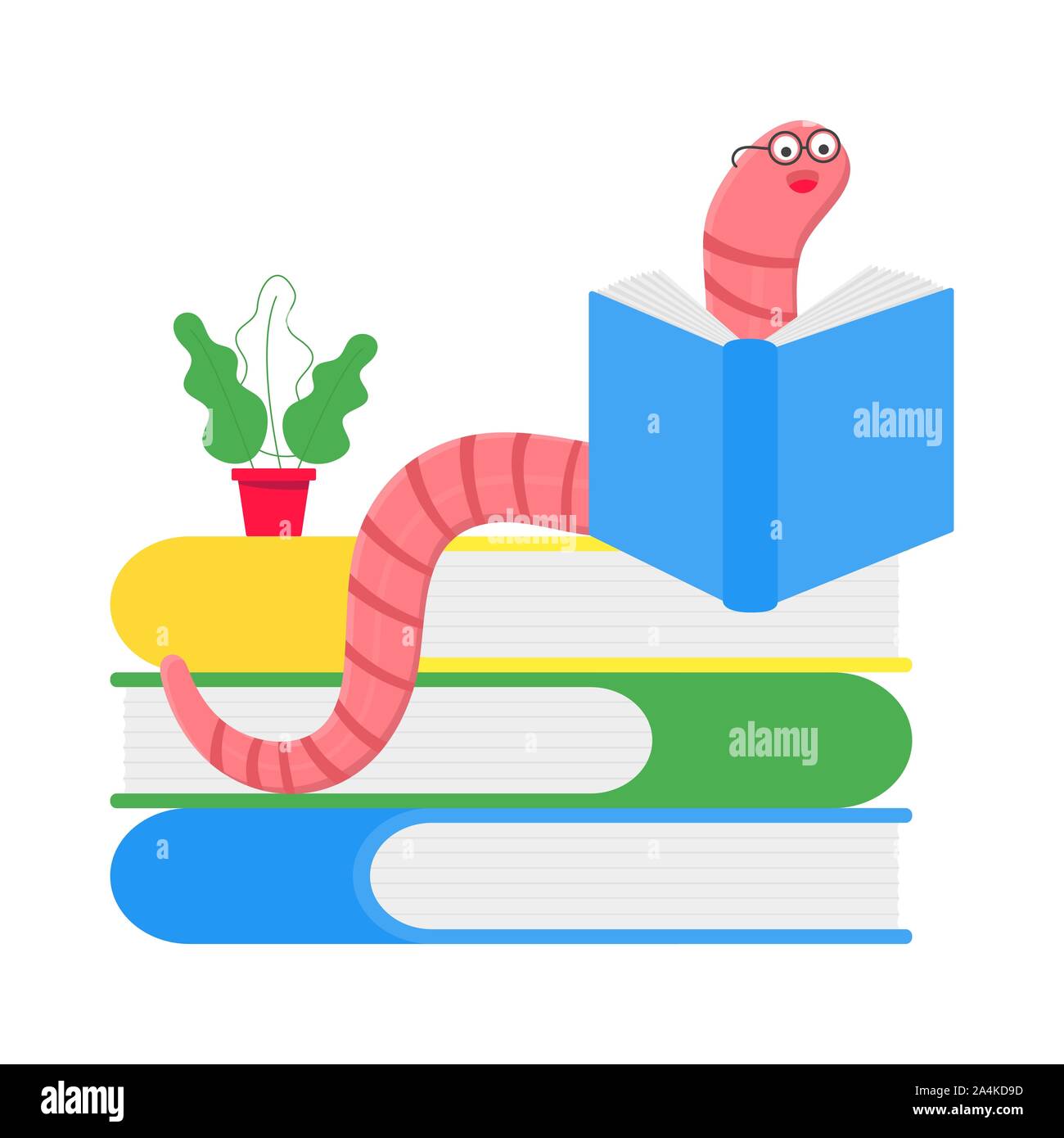 Cartoon style earthworm with book and glasses vector illustration ...