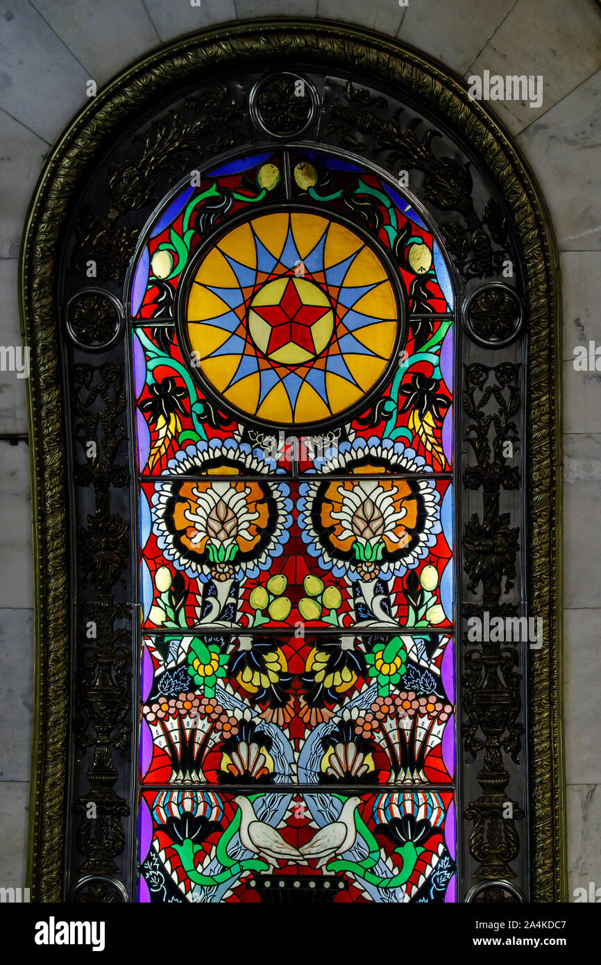 Moscow, Russia 10.13. 2019. Stained glass with floral pattern in the style  of Russian fairy tales. Novoslobodskaya metro station Stock Photo - Alamy
