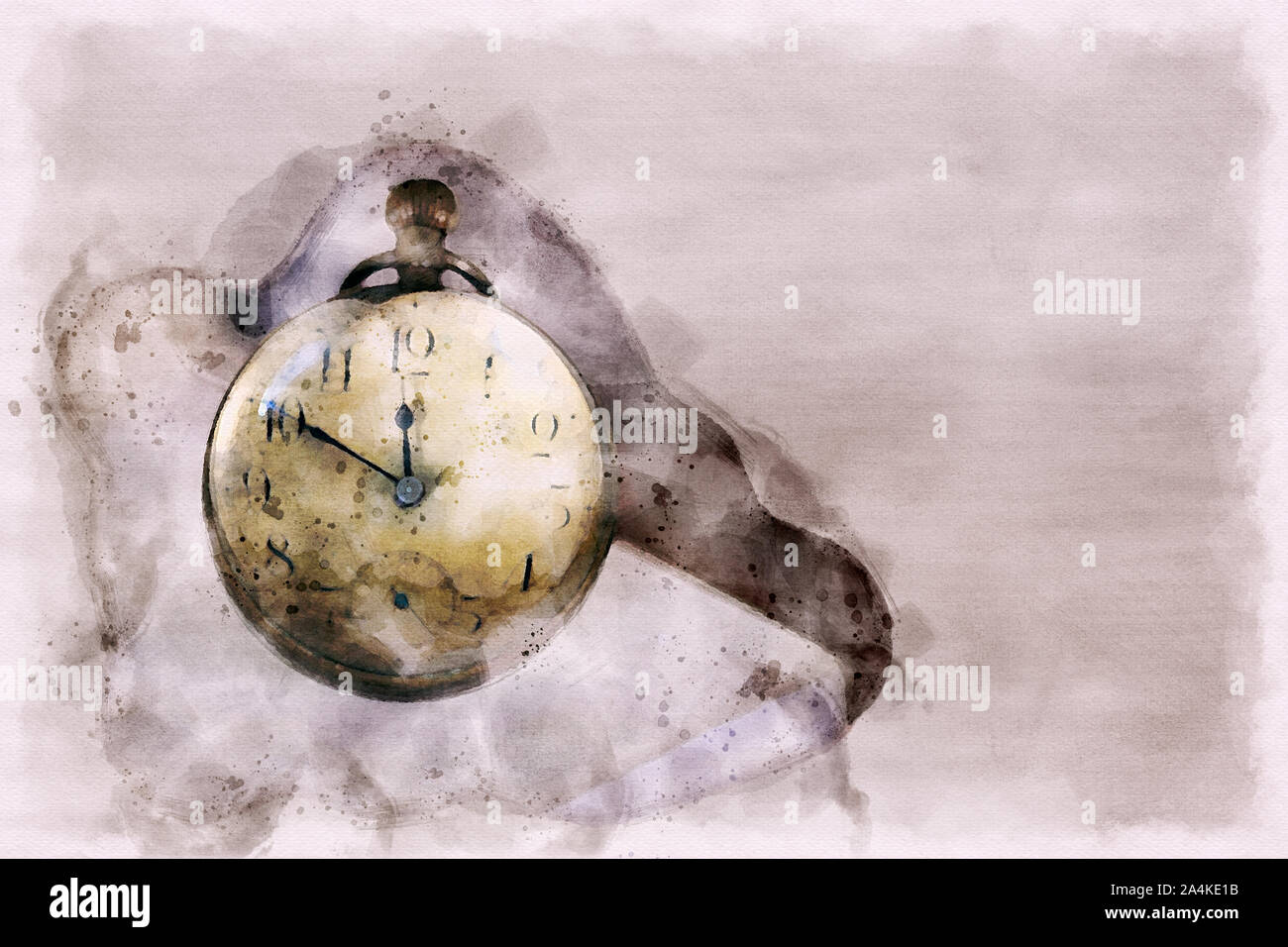 Watercolor vintage clock; watercolor digital illustration of old clock on textured background, with copy space Stock Photo