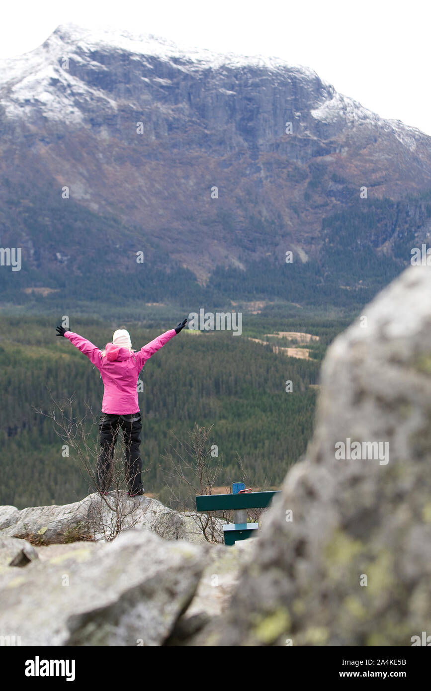 Portrait Of Woman On Top Of Mountain Stock Photo