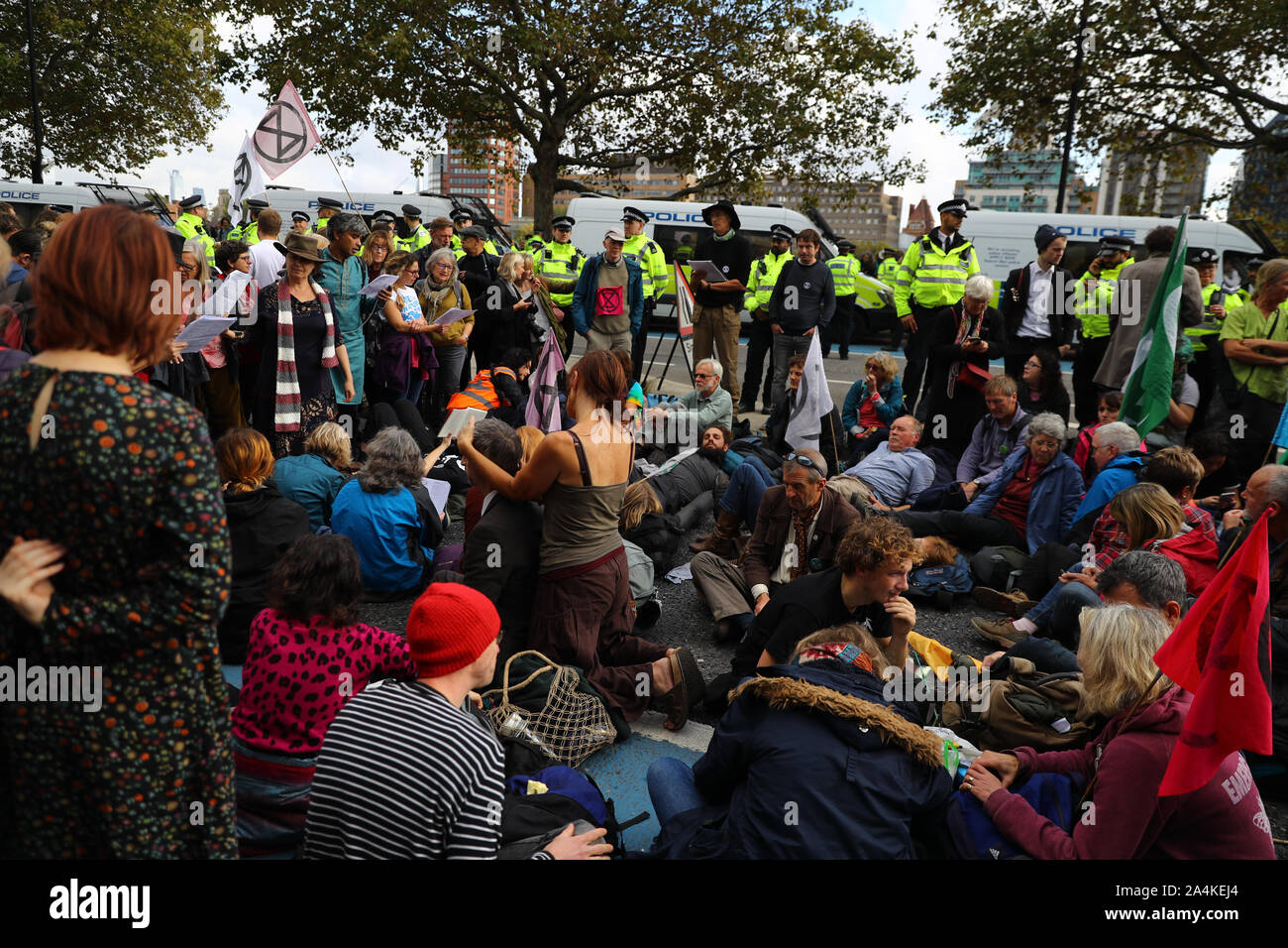 Extinction Rebellion protesters outside MI5 Headquarters on Millbank in London. Stock Photo