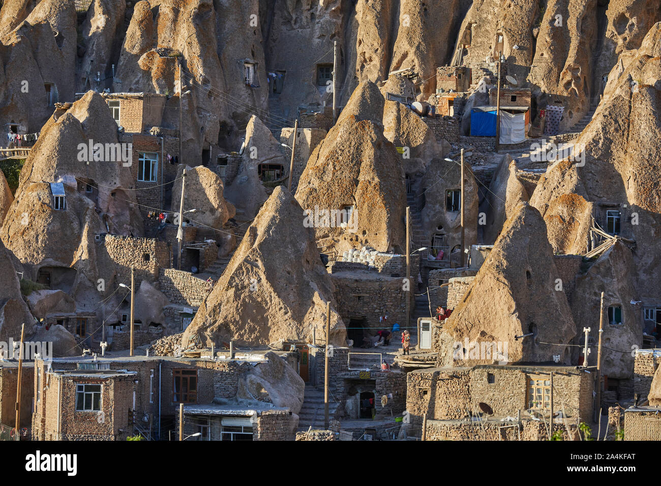 The rock village Kandovan south of Tabriz in Iran, taken on 31.05.2017. The village is located at the outlet of the northwestern Sahand Mountains, about 2,200 meters high. It is built directly into the rocks. | usage worldwide Stock Photo