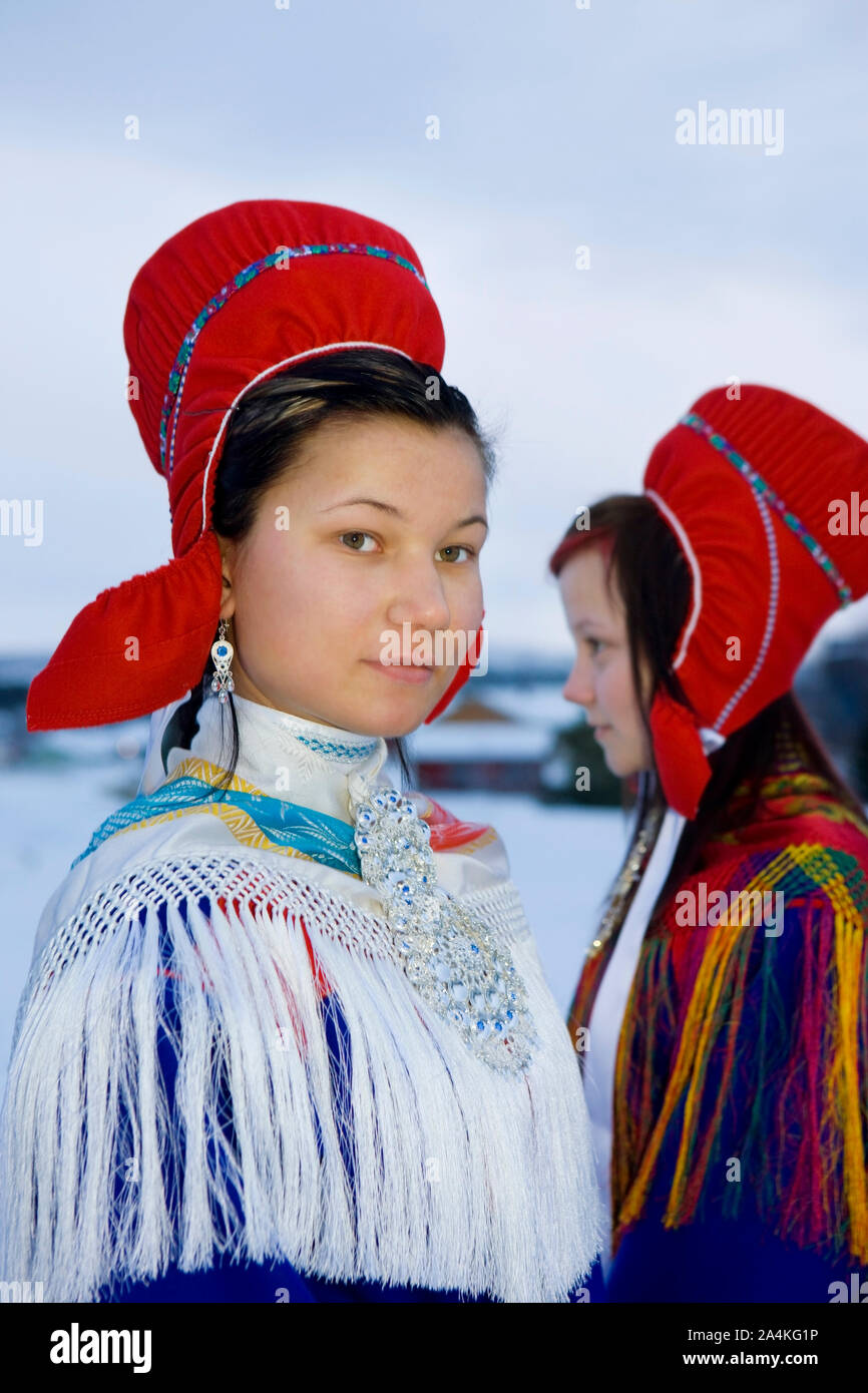 Portraits of young Laplander girls attending wedding. Lapp / Lapps