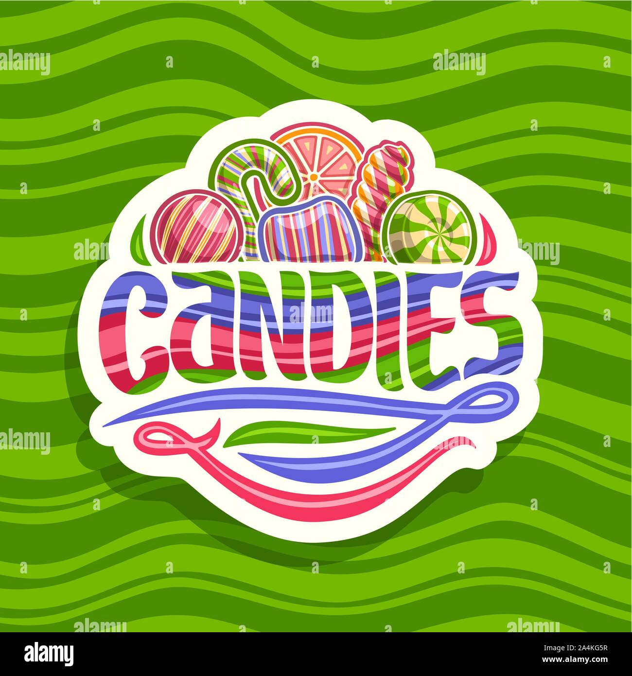 Vector logo for hard Candies, on cut paper sticker pile of variety striped candies up