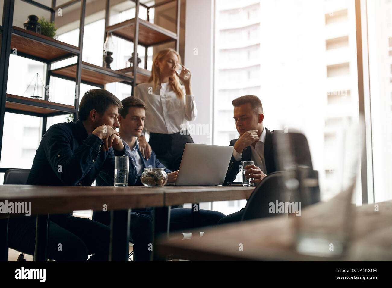 smart cute businessmen and woman developing new strategy , programme, close up photo Stock Photo