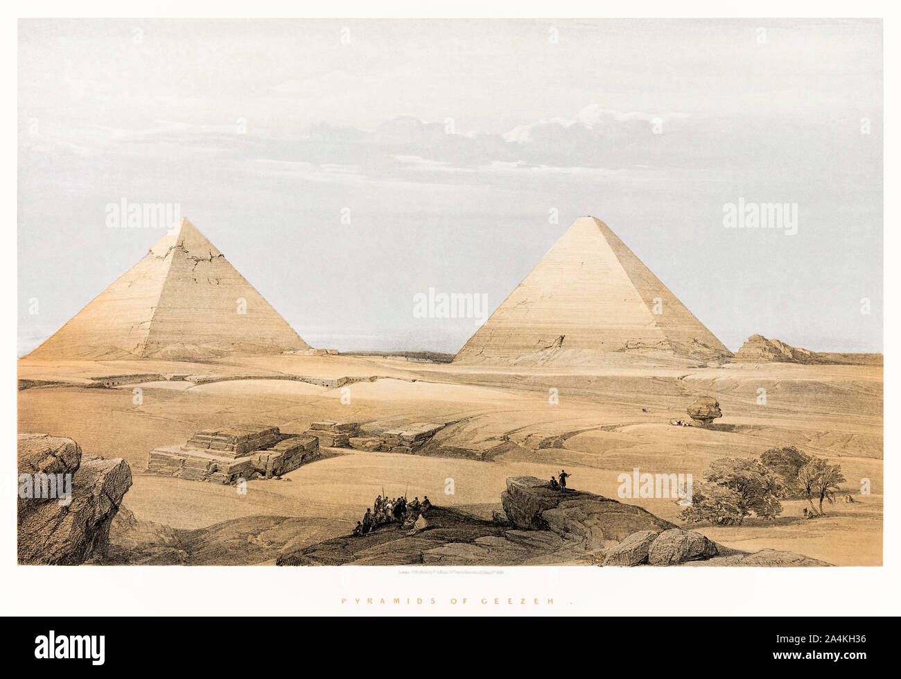 ‘Pyramids of Geezer’ by David Roberts (1796-1864), lithography by Louis Haghe (1806-1885) based on sketches of the Middle East made by Roberts whilst traveling between  1838-40. Photograph of original first edition lithograph from ‘Egypt & Nubia’ published on 1st June 1948 by F. G. Moon. Credit: Private Collection / AF Fotografie Stock Photo