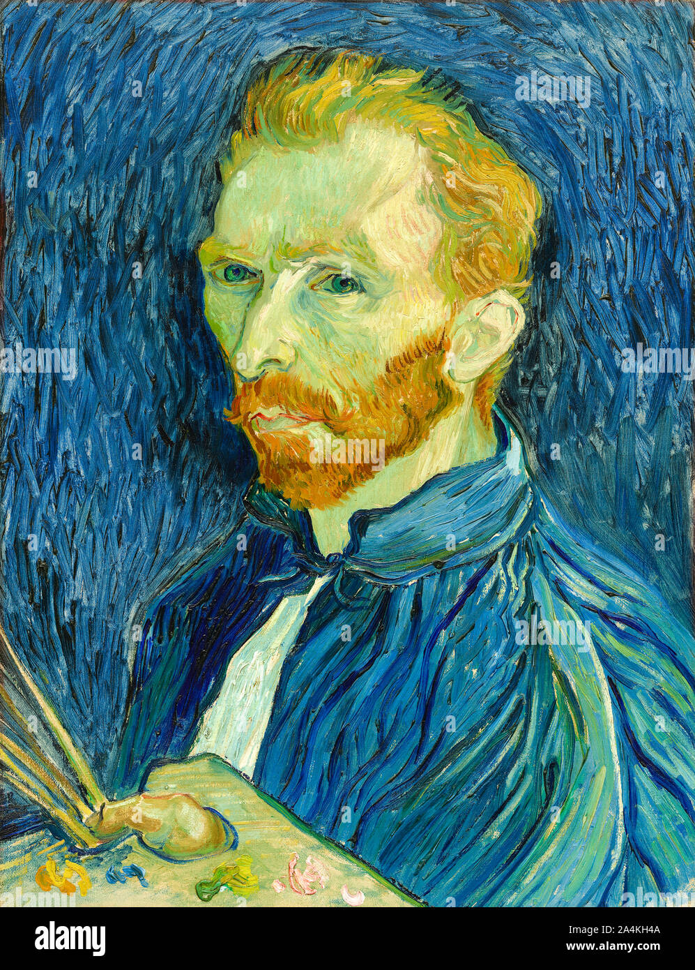 Self-portrait by Vincent van Gogh (1853-1890) Dutch post-impressionist painter painted in the Saint-Paul-de-Mausole asylum near Saint-Rémy in 1889 depicted as an artist. The painting is now in the collection of the National Gallery of Art, Washington, D.C., USA. Stock Photo