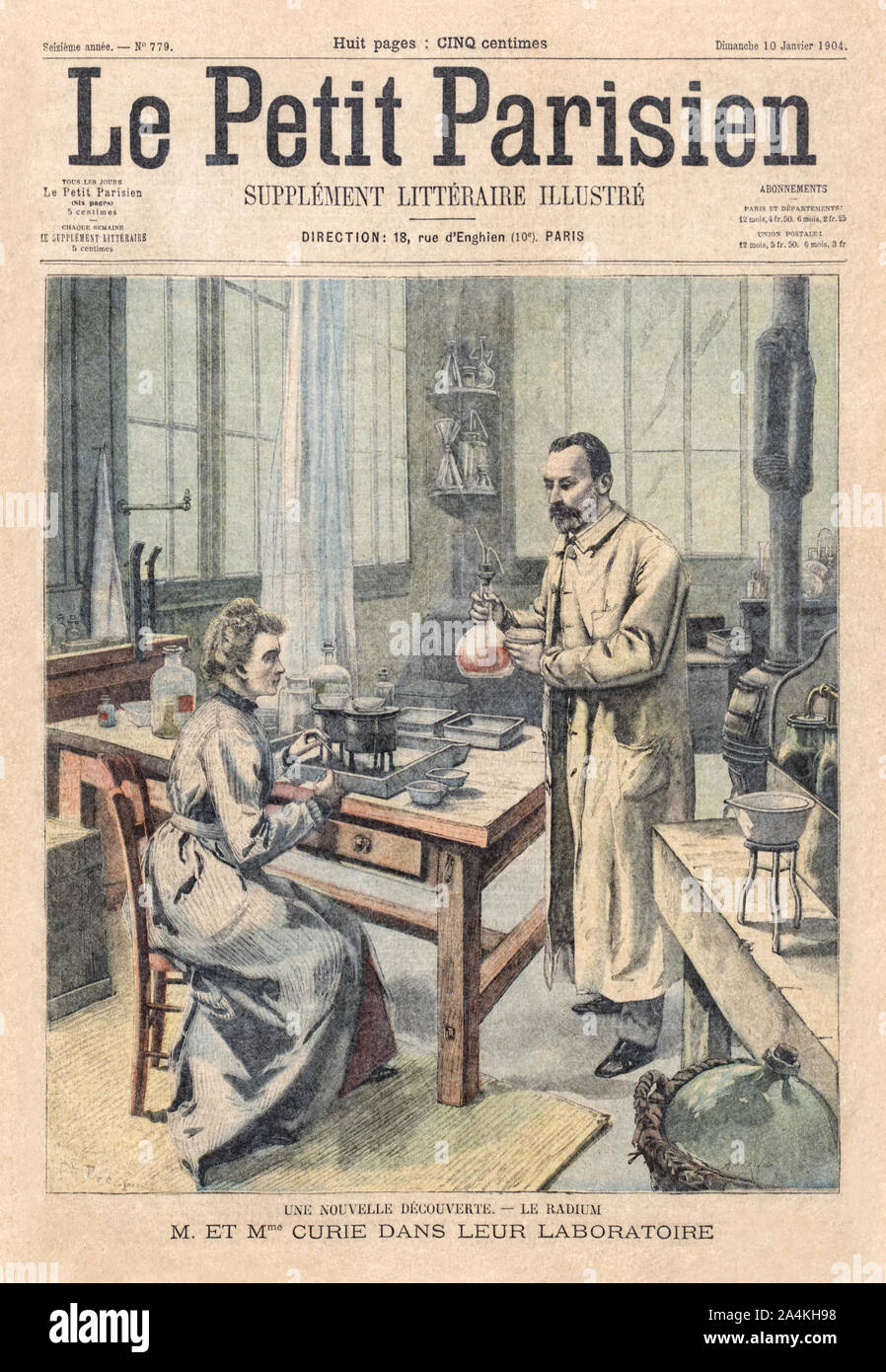 Marie Curie (1867-1934) and Pierre Curie (1859-1906) shown conducting an experiment on the cover of the Le Petit Parisien Illustrated literary supplement 10 January 1904 in honour of their joint winning of the Nobel Prize for their pioneering research on radioactivity shortly before in 1903. Marie Curie was the first woman to be awarded a Nobel Prize. Stock Photo