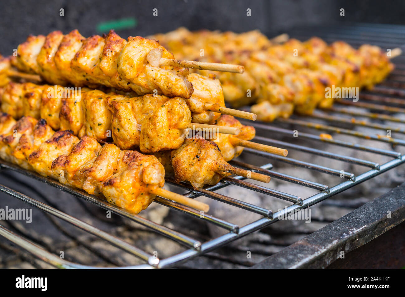 fresh Turkey skewers on a charcoal grill Stock Photo Alamy