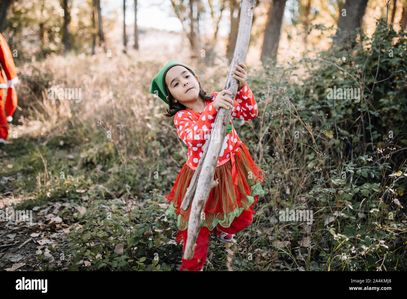 Children disguised to christmas in the forest with their family Stock Photo