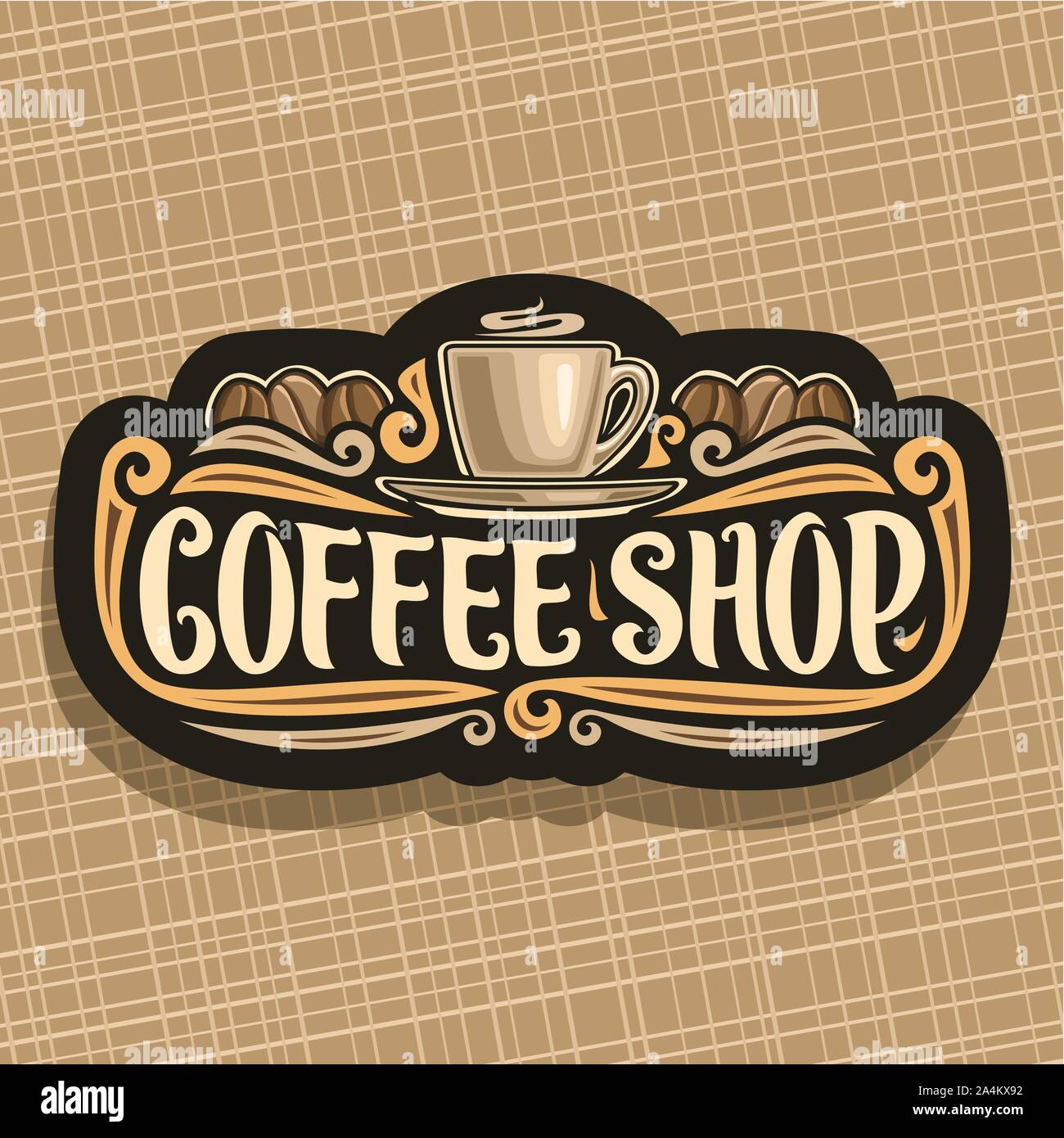 Vector logo for Coffee Shop, black signboard with brown porcelain cup