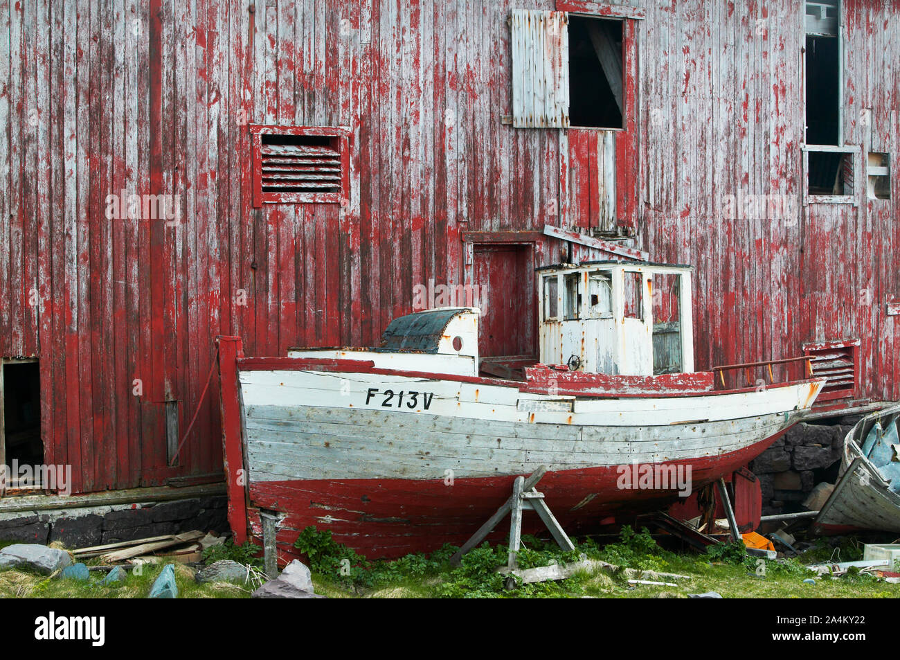 Fishingboat on shore in Vardø, Finnmark, Norway Stock Photo