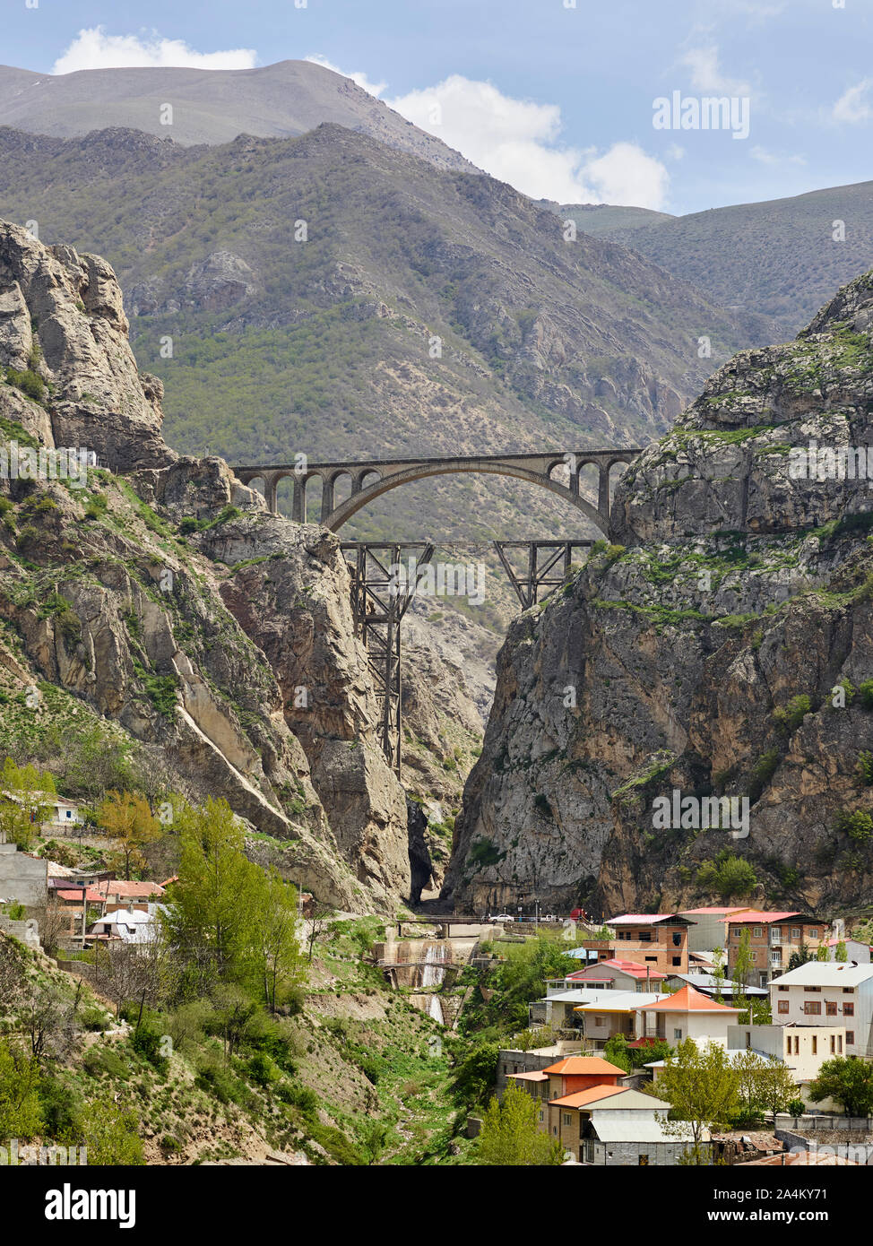 The Veresk railway bridge over the same place in the north of Iran in the  Elburs mountains, taken on 25.04.2018. The bridge was built under the  direction of the Austrian engineer Walter