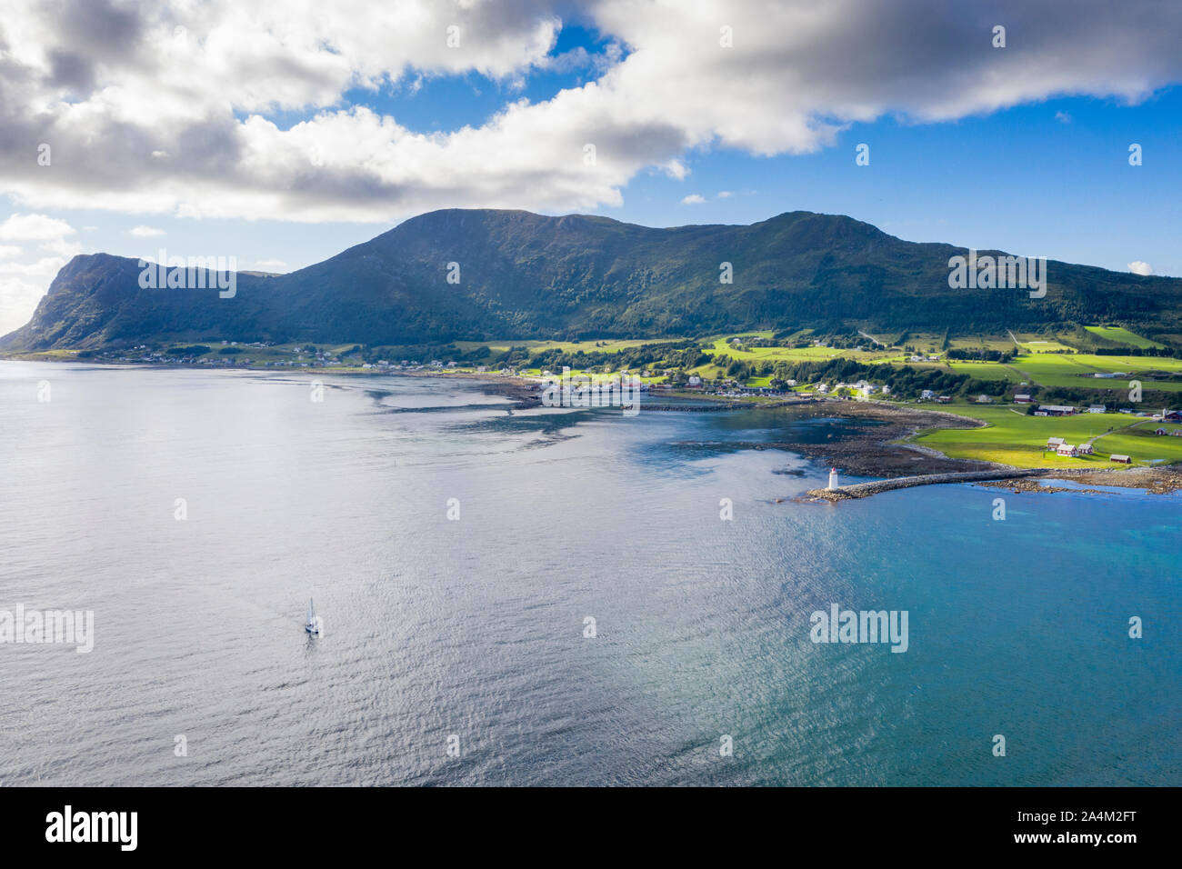 Aerial view of Hogsteinen Lighthouse and coastline of Godoya Island, Alesund, More og Romsdal County, Norway Stock Photo