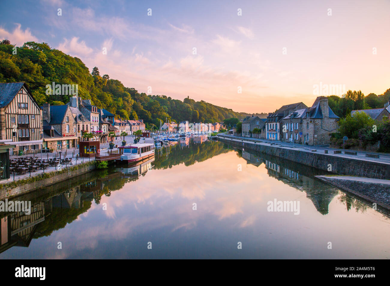 Dinan Marina Reflecting In Rance River At Sunrise In Bretagne, Cotes D ...