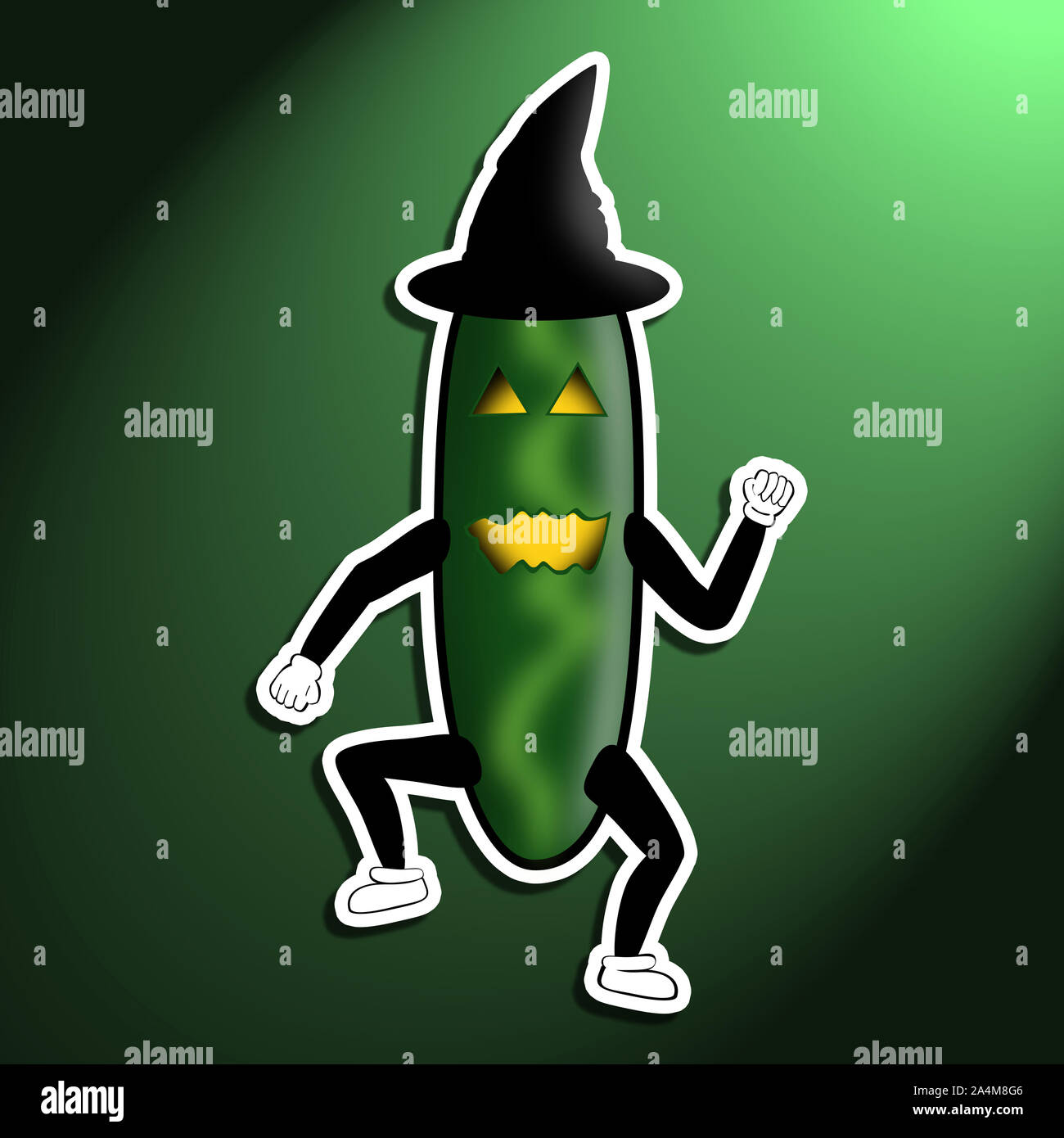 Funny devilish Halloween cucumber cartoon Stock Photo