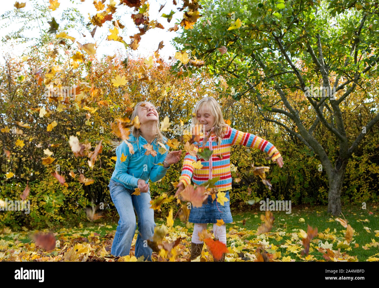 Girls playing with leaves Stock Photo - Alamy