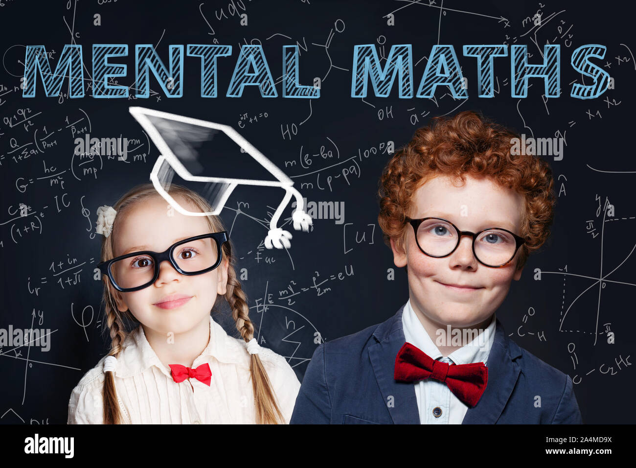Little kids student on blackboard background with science and maths