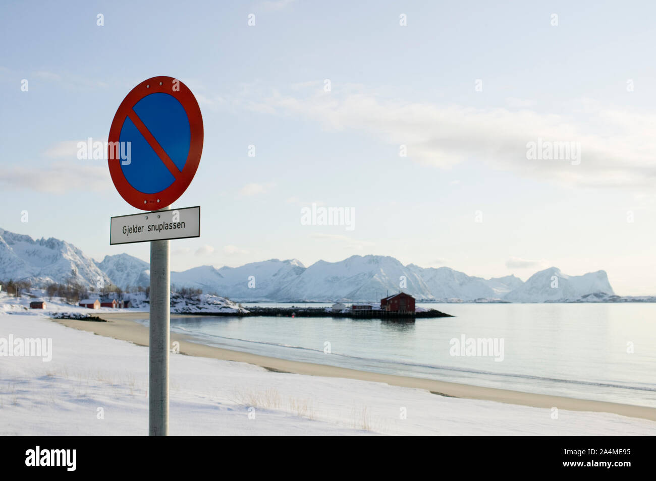 No parking. Traffic sign at beach in winter, Bøvær, Berg on Senja island, Northern Norway (Nord-Norge). Stock Photo