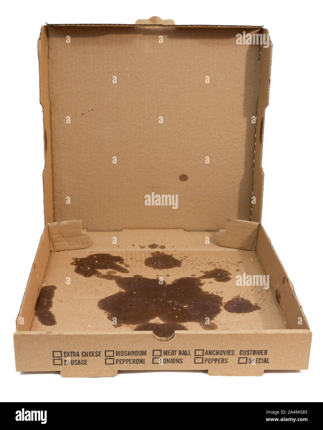 Empty greasy pizza box with lid open. Isolated. Stock Photo
