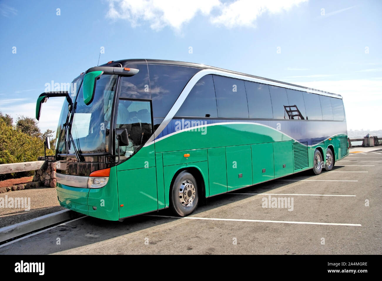 Tour bus at west approach to the Golden Gate Bridge. Horizontal. Stock Photo