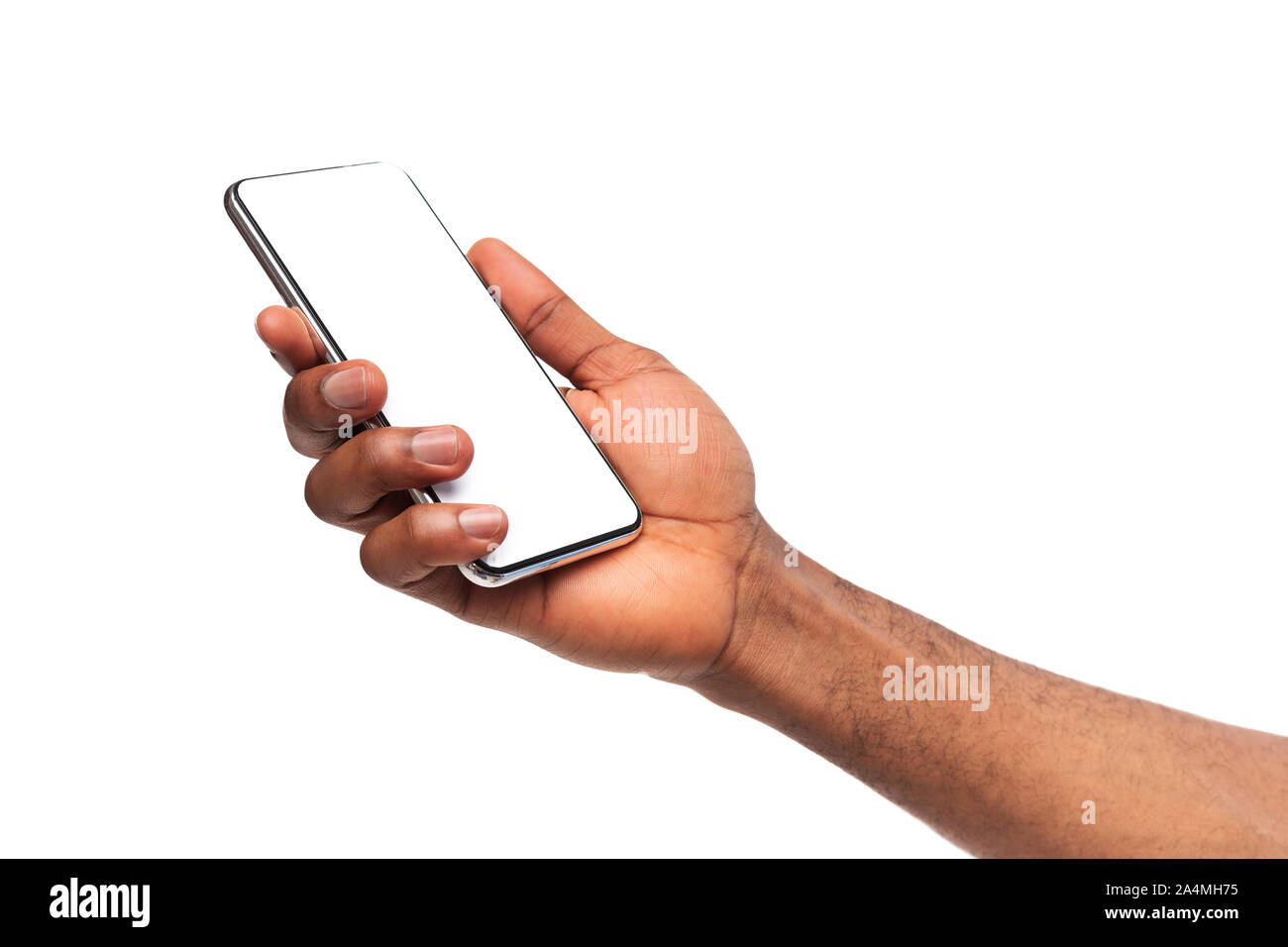 Black man's hand holding mobile phone with blank screen Stock Photo Alamy