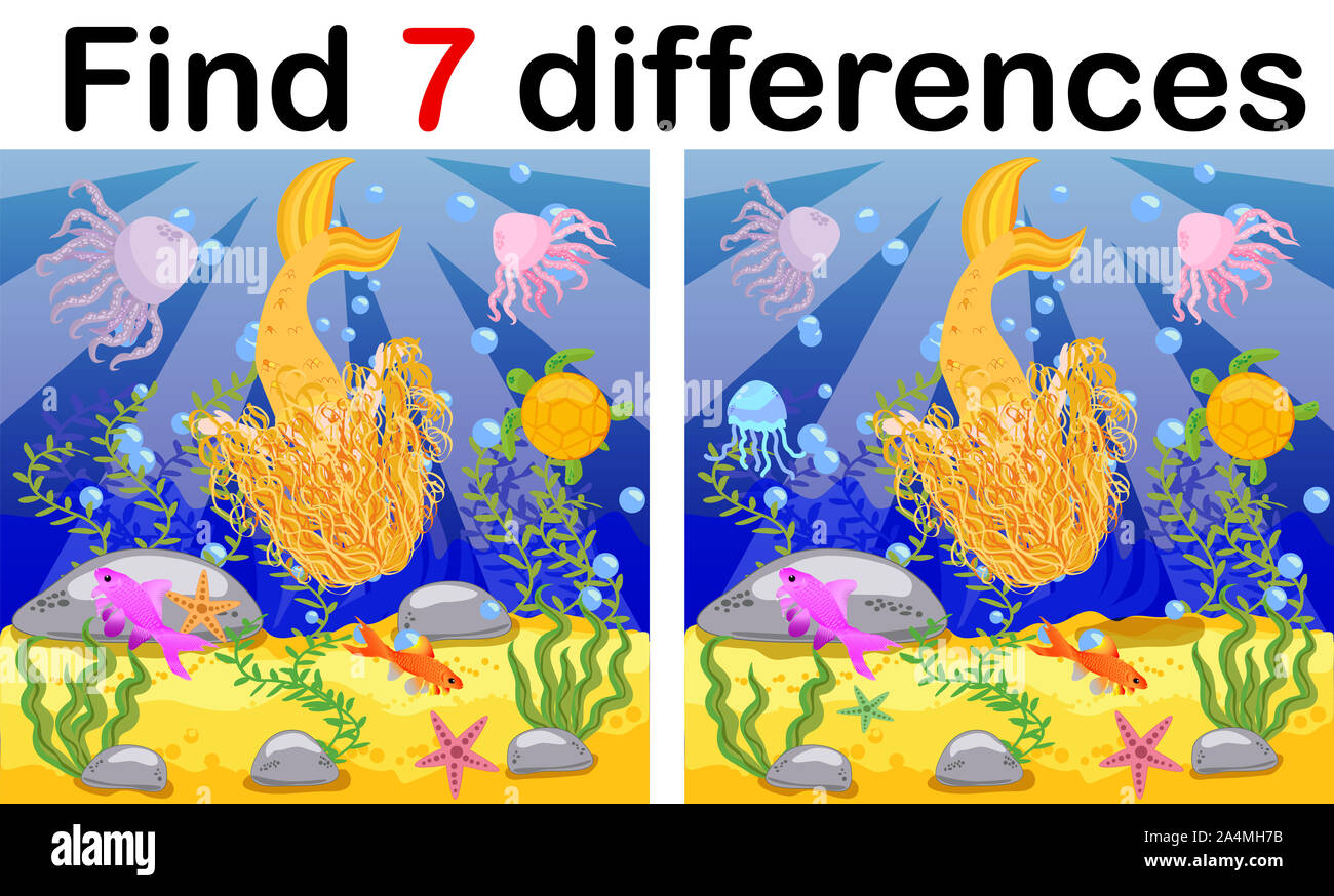 Find differences, game for children, mermaid underwater in cartoon ...