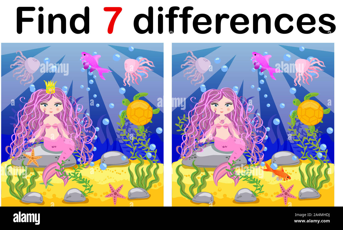 Find differences, game for children, mermaid underwater in cartoon style,  education game for kids, preschool worksheet activity, task for the  developm Stock Photo - Alamy
