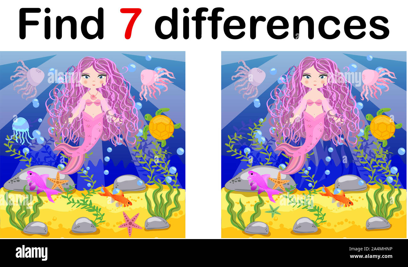 Find differences, game for children, mermaid underwater in cartoon ...