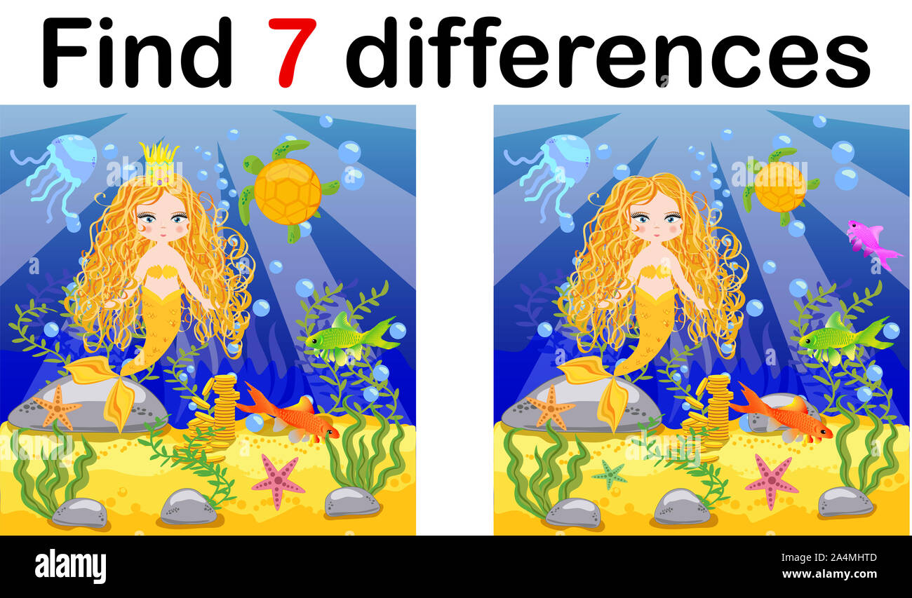 Find differences, game for children, mermaid underwater in cartoon ...