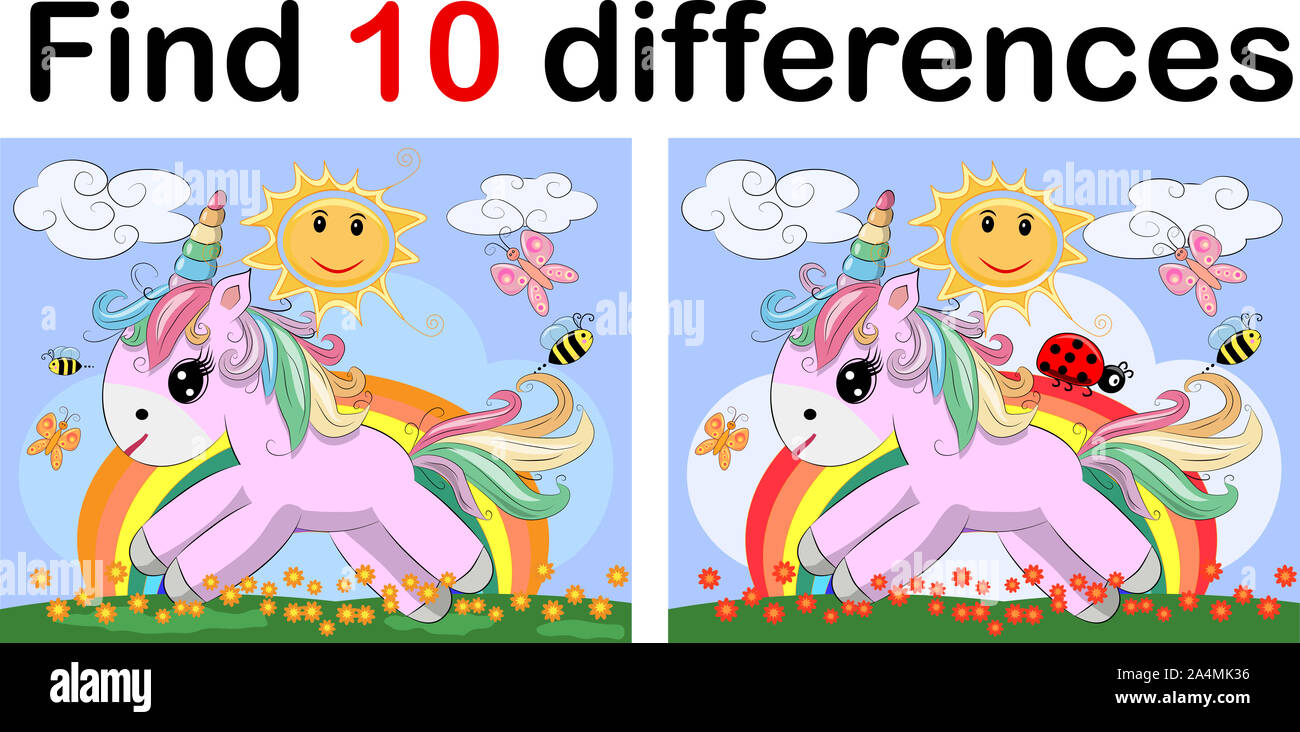 Find the difference the two funy little Unicorn. Children riddle