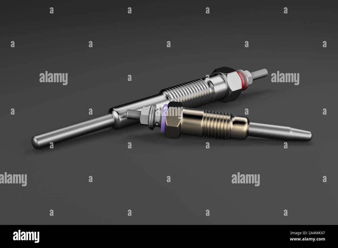 Two types of auto parts glow plug on a dark background. Spare part for the car engine. 3d rendering Stock Photo