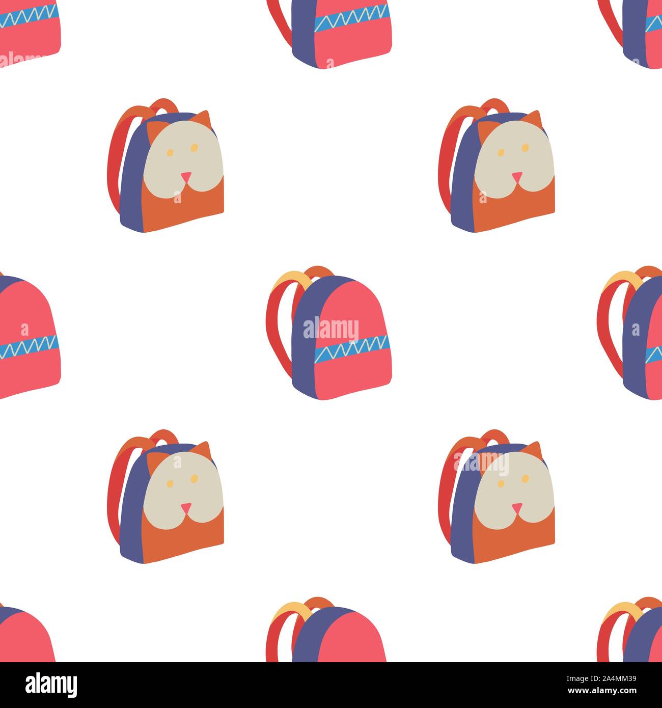 Modern doodle seamless pattern with two backpack, multicolor on white background for web and fabric design. Vector flat design. Stock Vector