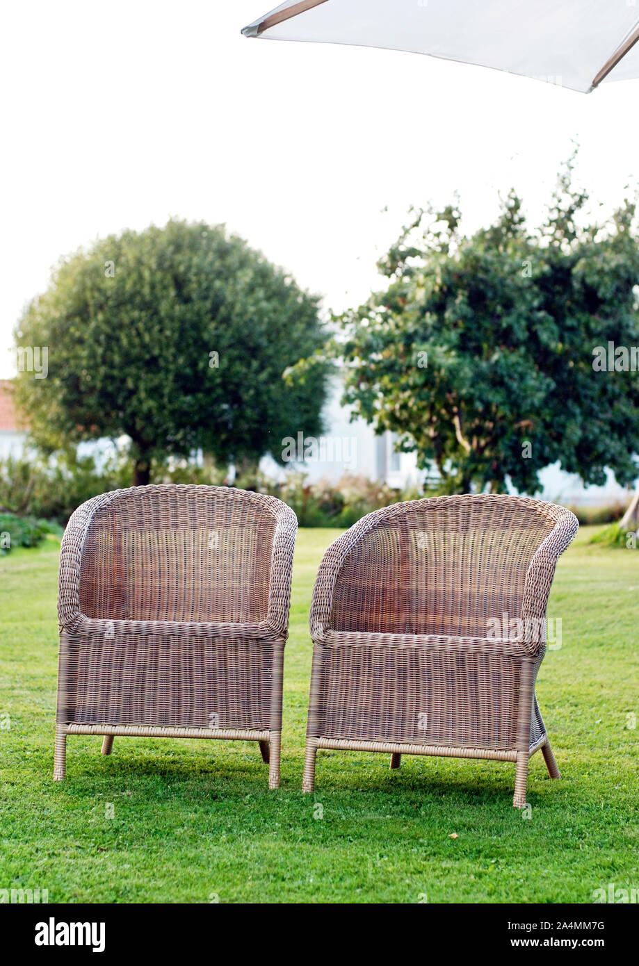 Wicker chairs in garden Stock Photo - Alamy