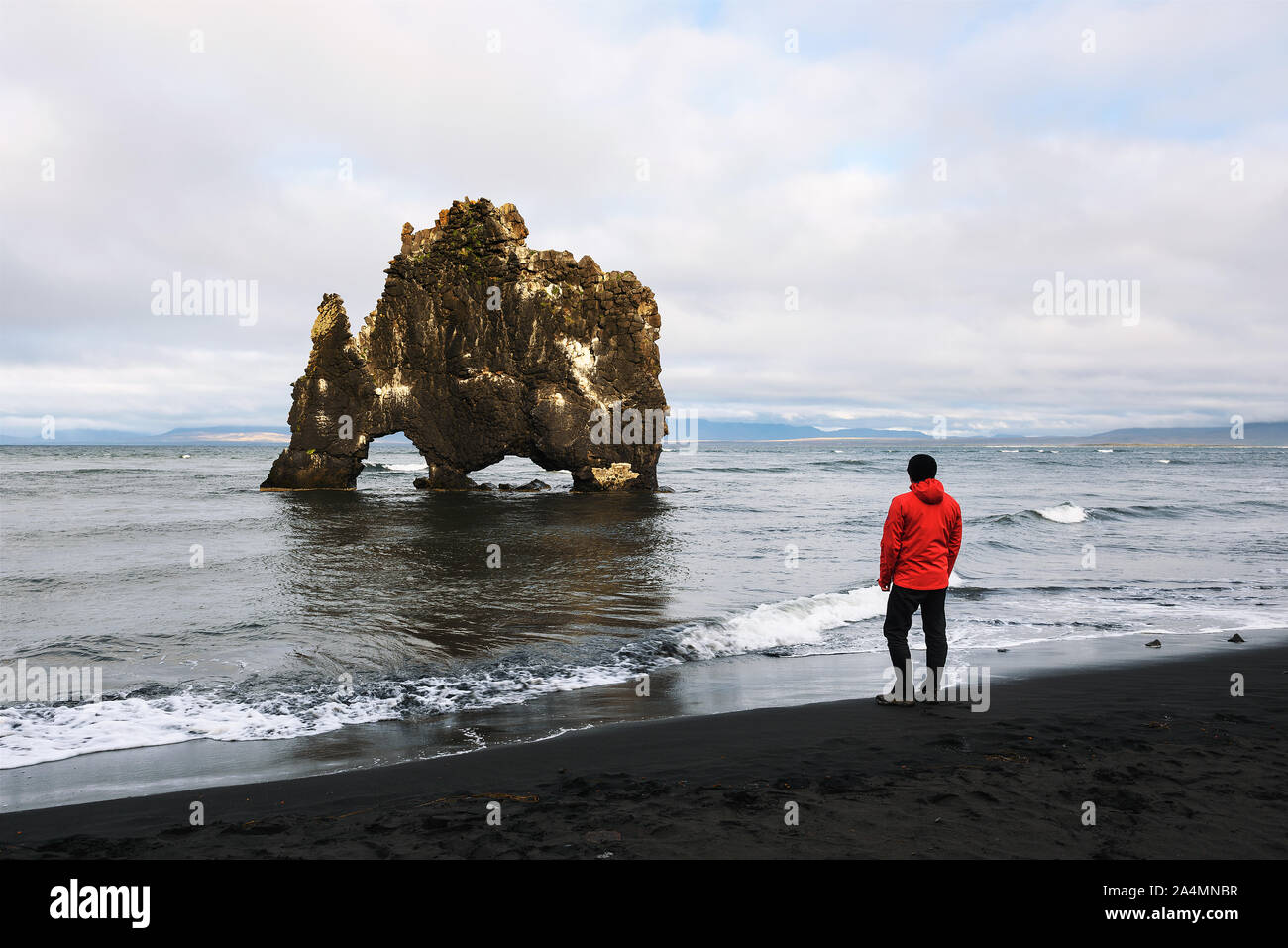 Tourist looks at the Hvitserkur basalt stack in northern Iceland Stock Photo