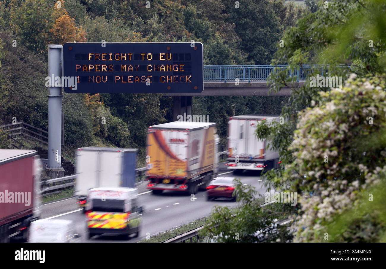 A matrix sign over the M2 motorway in Kent, warning drivers that EU freight papers may change following Brexit. Stock Photo