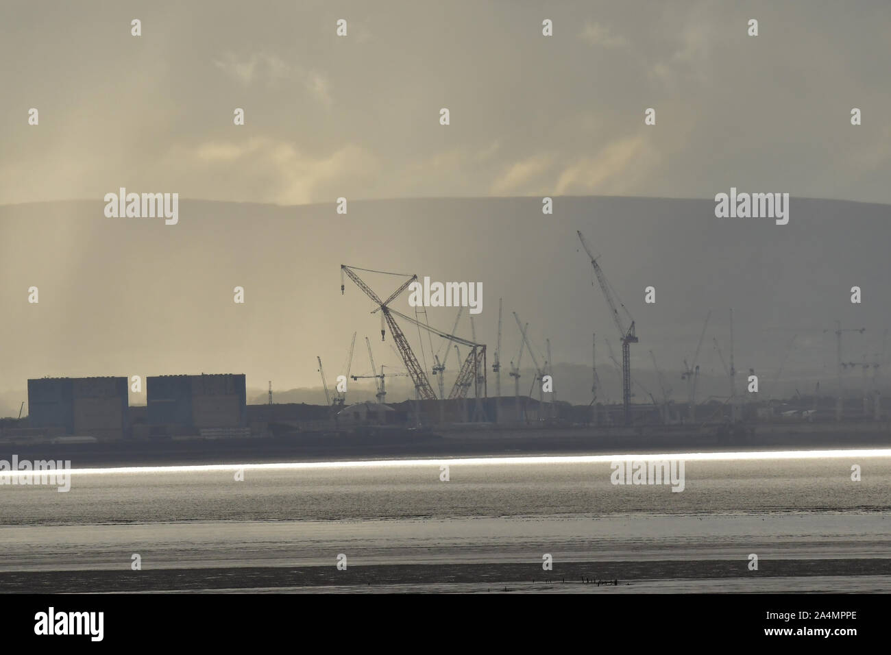 Bristol, UK. 15th Oct, 2019. UK Weather. Hinkley Point.Tallest cranes in the World seen from Brean Down.Picture Credit: Robert Timoney/Alamy Live News Stock Photo