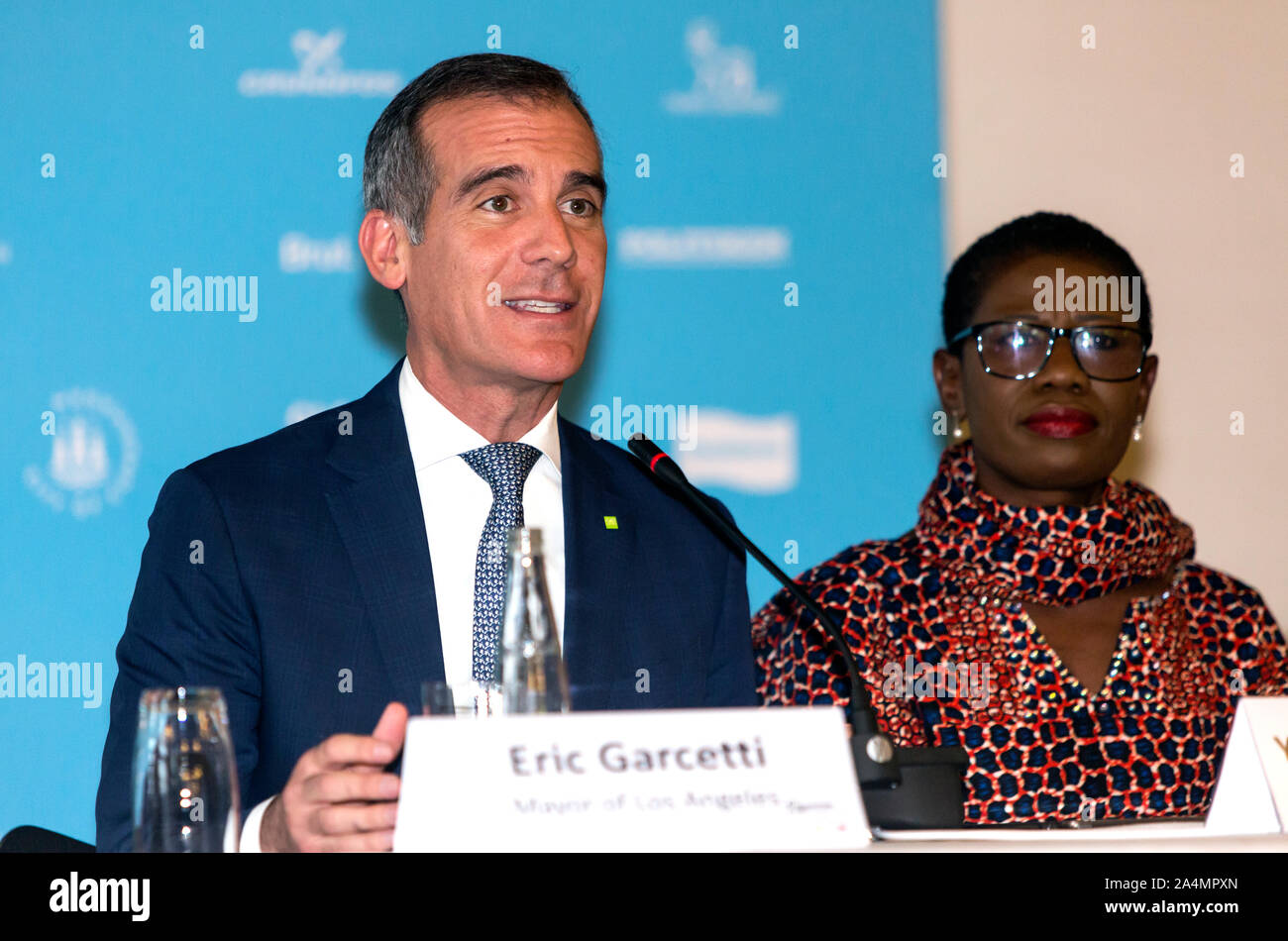 COPENHAGEN, DENMARK – OCTOBER 09, 2019: Mayor of Los Angeles and the coming Chair for the C40 World Mayors, Eric Garcetti, speaks during the C40 World Mayors Summit opening press conference at Copenhagen City Hall. More than 90 mayors of some of the world’s largest and most influential cities representing some 700 million people meet in Copenhagen from October 9-12 for the C40 World Mayors Summit. The purpose with the summit in Copenhagen is to build a global coalition of leading cities, businesses and citizens that rallies around radical and ambitious climate action. Also youth leaders from t Stock Photo